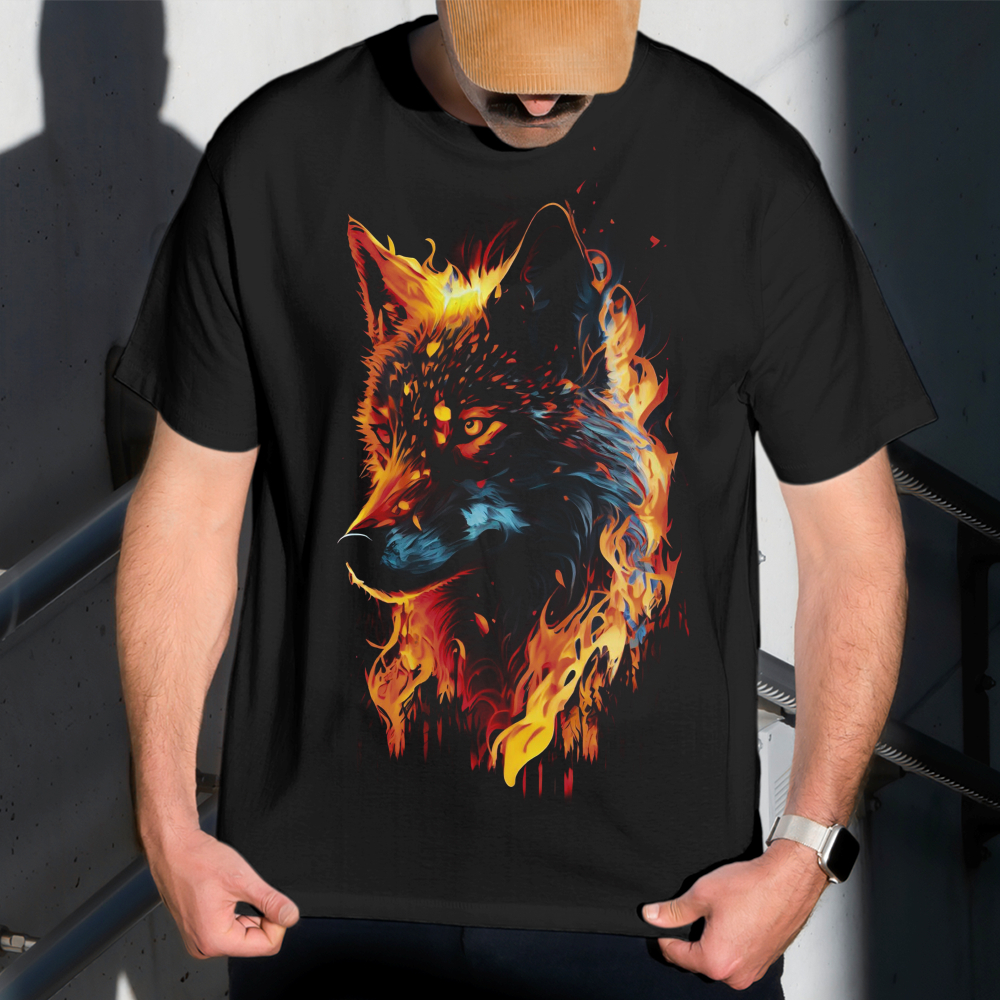 Camiseta Masculina Estampa Lobo Laranja 100% Algodão Estilo Conforto Diário Do Tamanho P ao GG