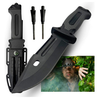 Faca Tática Sobrevivência Completa Preta com Bainha, Bússola, Apito, Amolador e Pederneira – Ideal para Camping, Pesca