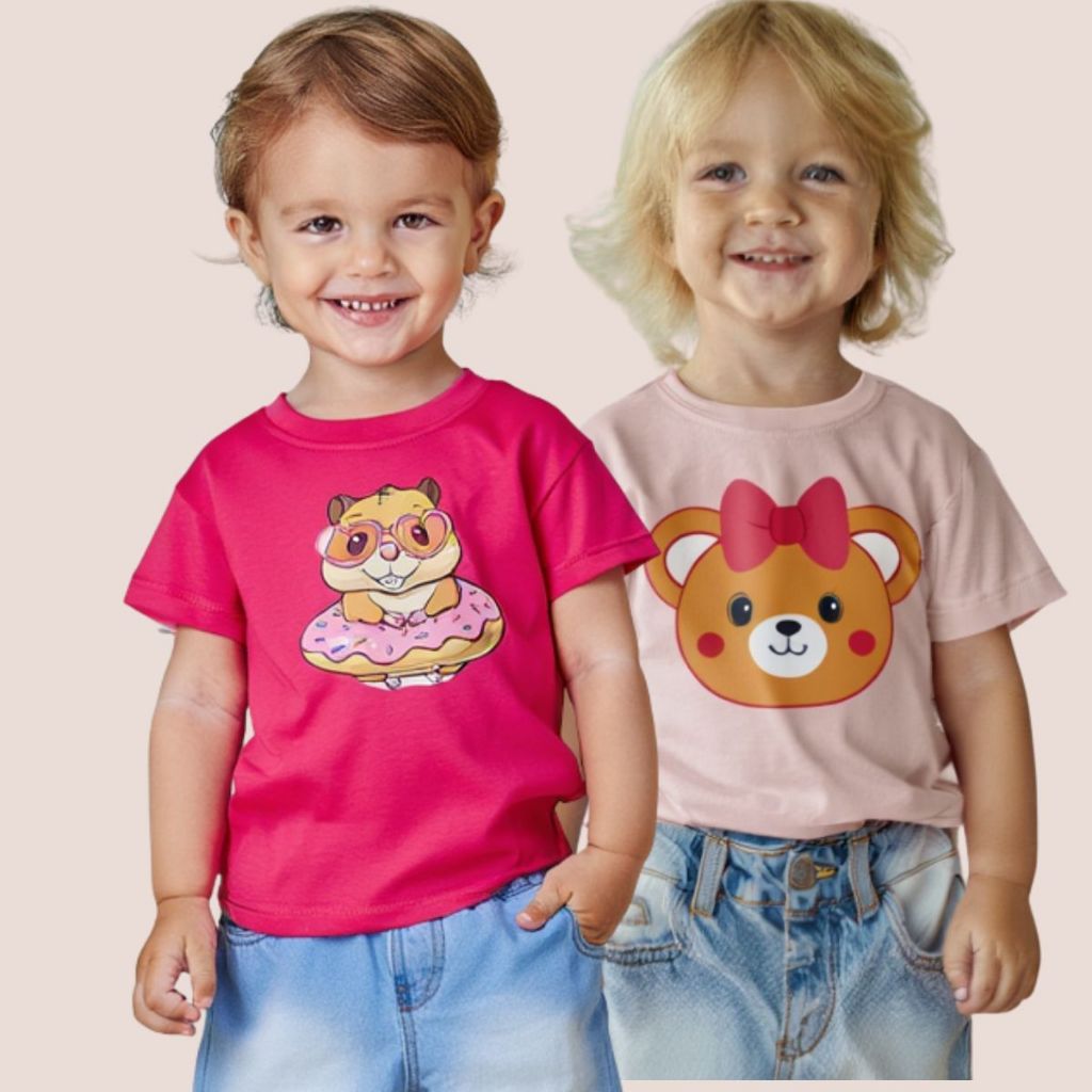 Kit 2 Camiseta Infantil Menina Algodão Fresca Conforto Moda Criança Verão Casual Dia a Dia Blusinha