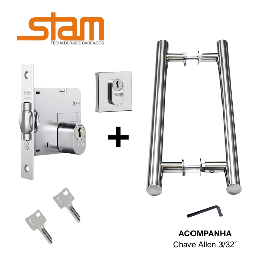 Kit Puxador Tubular Redondo Reto Inox Ø25mm + Fechadura Trinco Rolete Stam 1005