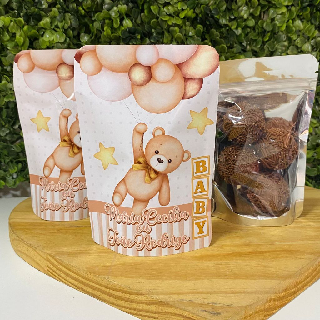 Saco Ziplock Personalizado Ursinho bege com Dourado chá Revelação  Brinde, Lembrancinha, Embalagem para Festas e Eventos