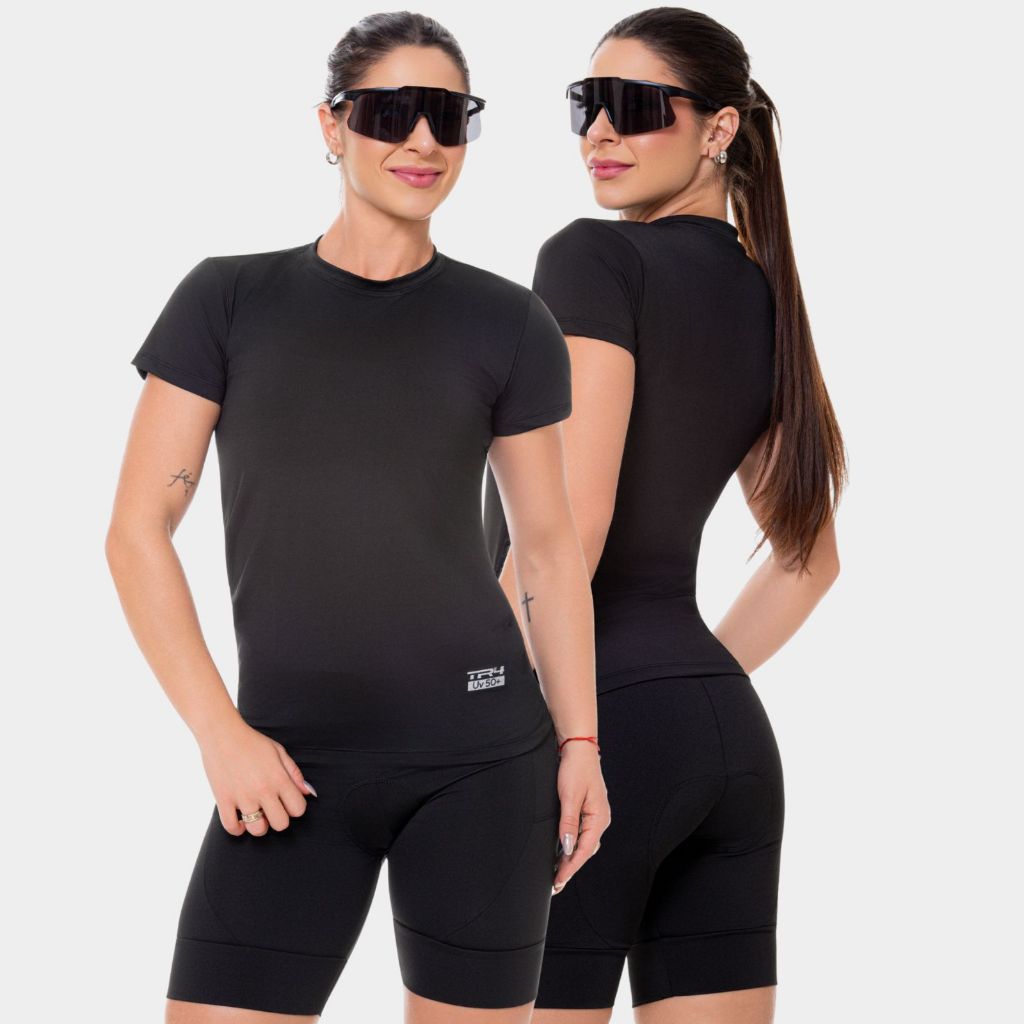 Camisa Camiseta Blusa Dry Fit Feminina Corrida Treino Esporte Academia Exercício Proteção UV Manga Curta Preta Preto