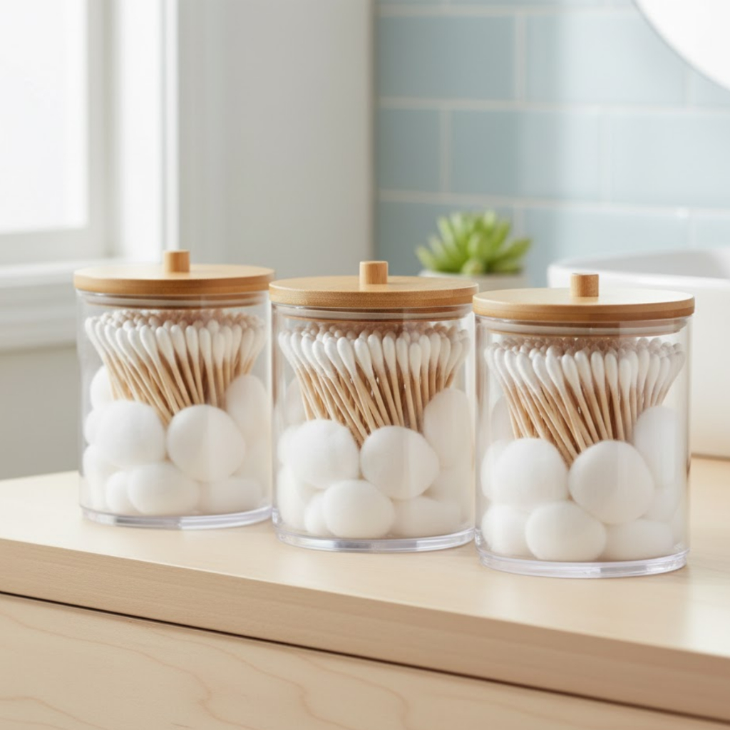 Pote Organizador de Acrílico com Bambu Algodão Cotonete Penteadeira Banheiro em Oferta na Shopee