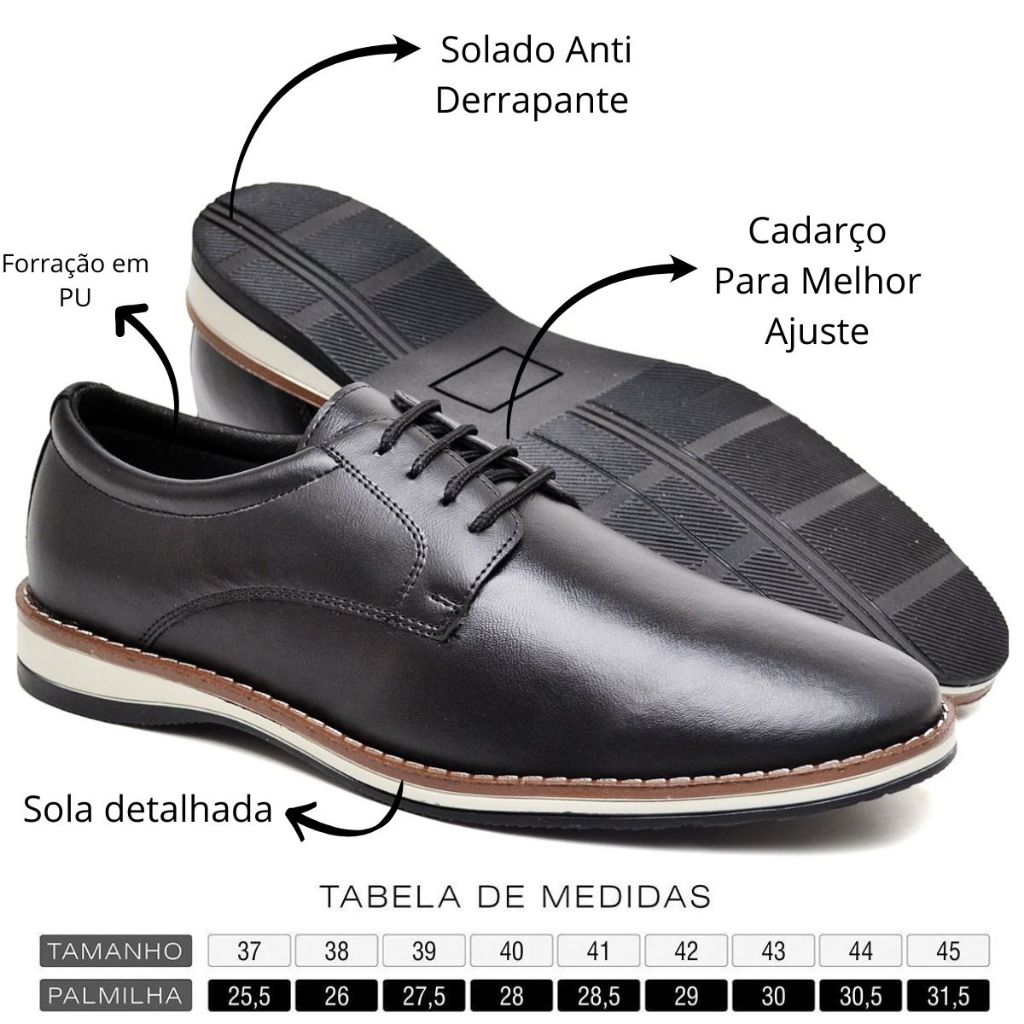 Sapato Social Masculino Sintético Preto Casual Moderno Confortável Derby