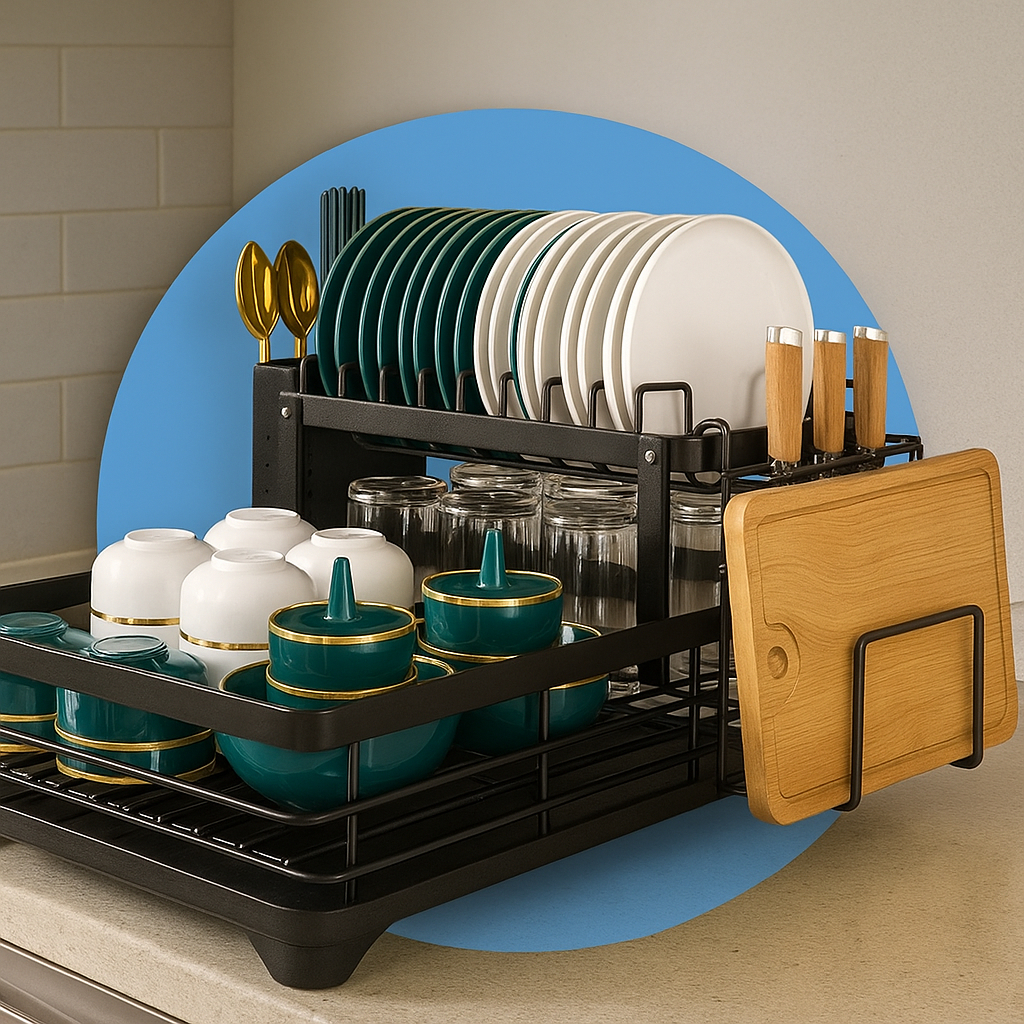 Escorredor de Louças Rack Aço Carbono Organizador de Pia Rack de Cozinha Duplo Aço Carbono Com Porta Copos Talheres