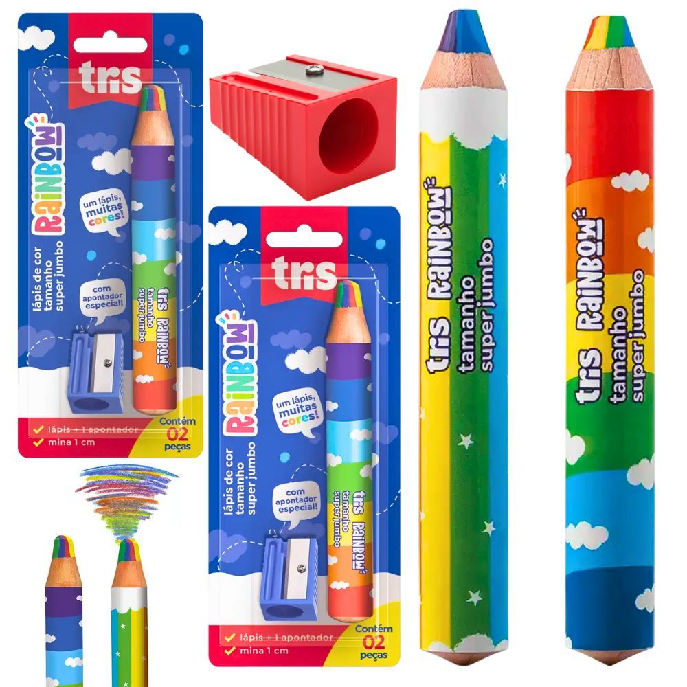 Kit 2 Lápis De Cor Rainbow Arco Íris Jumbo Infantil + Apontador Jumbo- Perfeito Para Educação