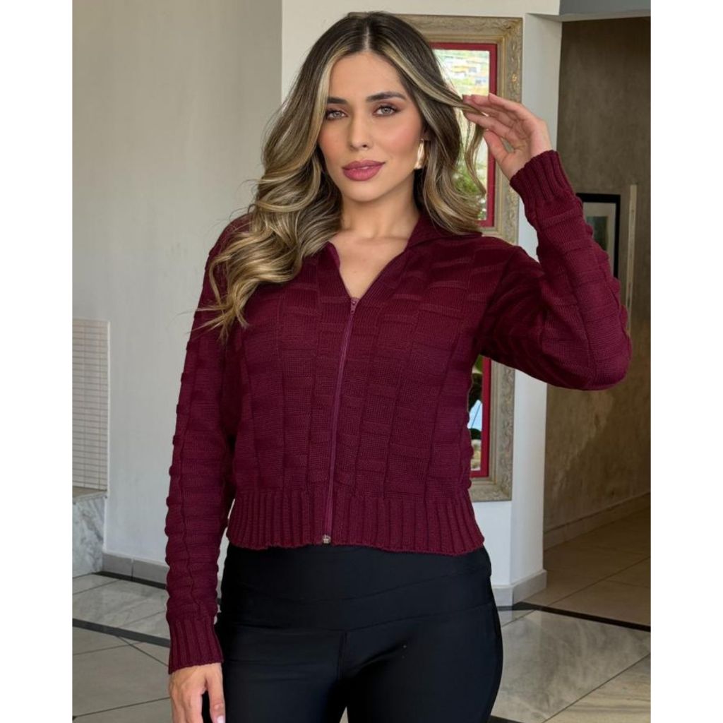 Casaco Curto Feminina Tricot Com Textura Em Relevo Com Zíper Casaquinho Moda Inverno Outono