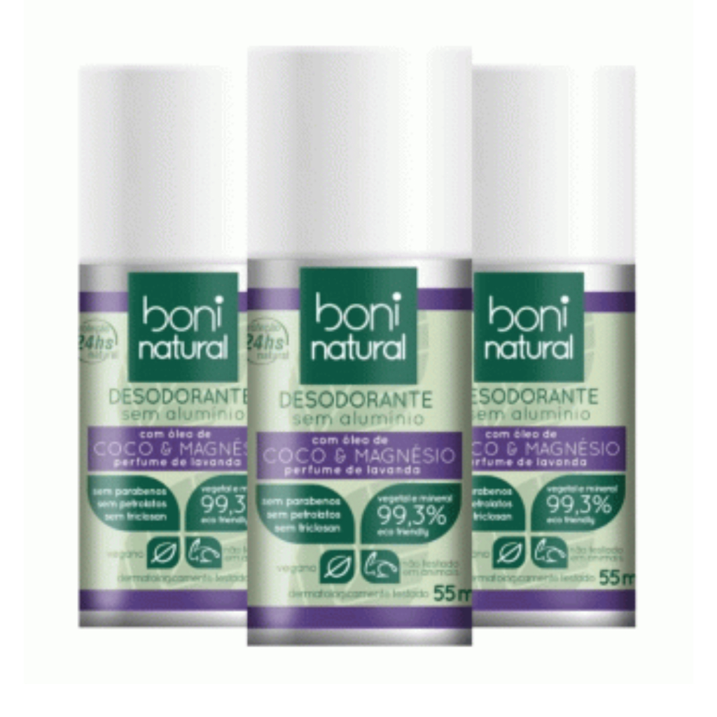 Kit 3 Rollon Desodorante Sem Alumínio Coco E Magnésio Perfume Lavanda 55ml Boni Natural