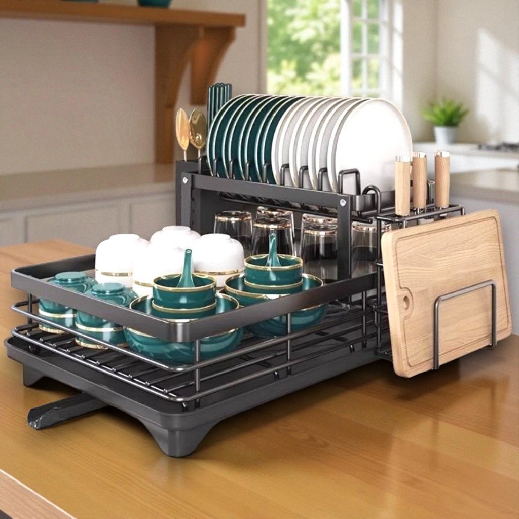 Escorredor de Louças Rack Com Porta Copos Talheres Aço Carbono Organizador de Pia Rack de Cozinha Duplo Aço Carbono
