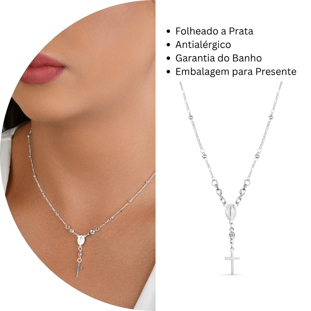Colar Terço com Cruz Banhado Prata Presente Religioso Fe Católico