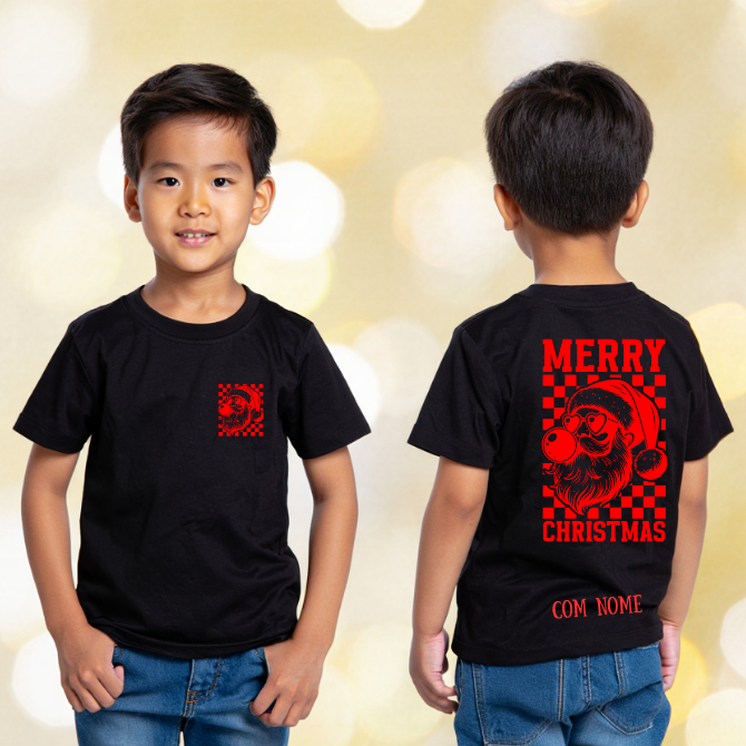 Blusa Infantil Camiseta Natal Merry Crhistmas Com Nome Papai Noel Camiseta Preta Branca 100% Algodão