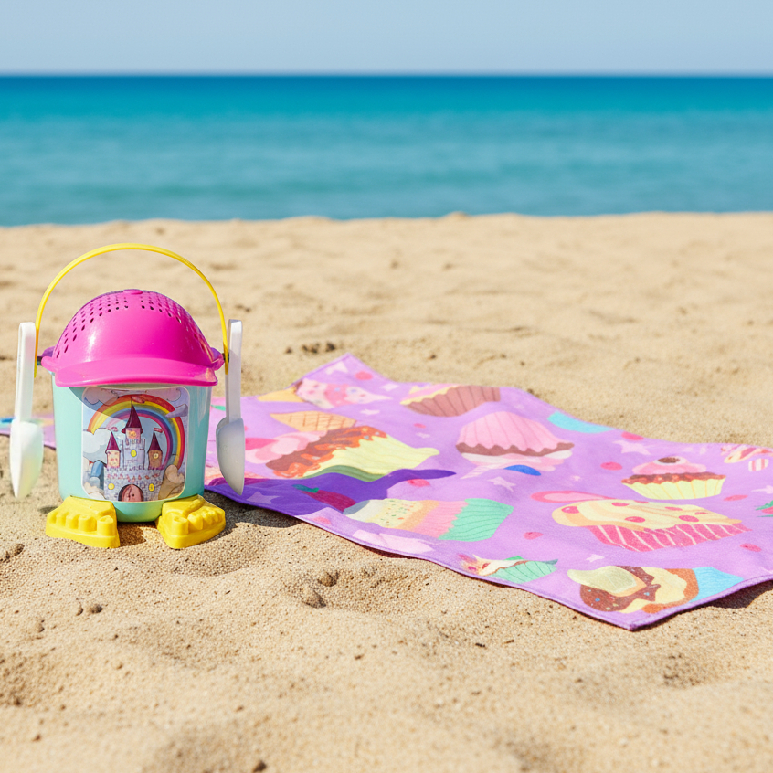 Kit Praia Menina Toalha + Balde | Toalha Cupcake Estampa HD Modelo Importado | Balde Kendy Modelo Juju | QUEEN SHOP em Oferta na Shopee