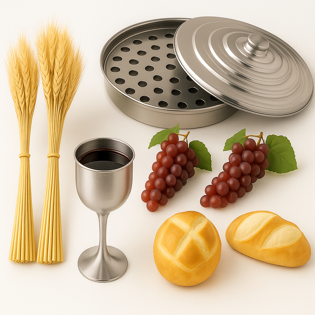Decoração Para Santa Ceia Kit completo Taça Uva Pão Trigo E Calice - Prata