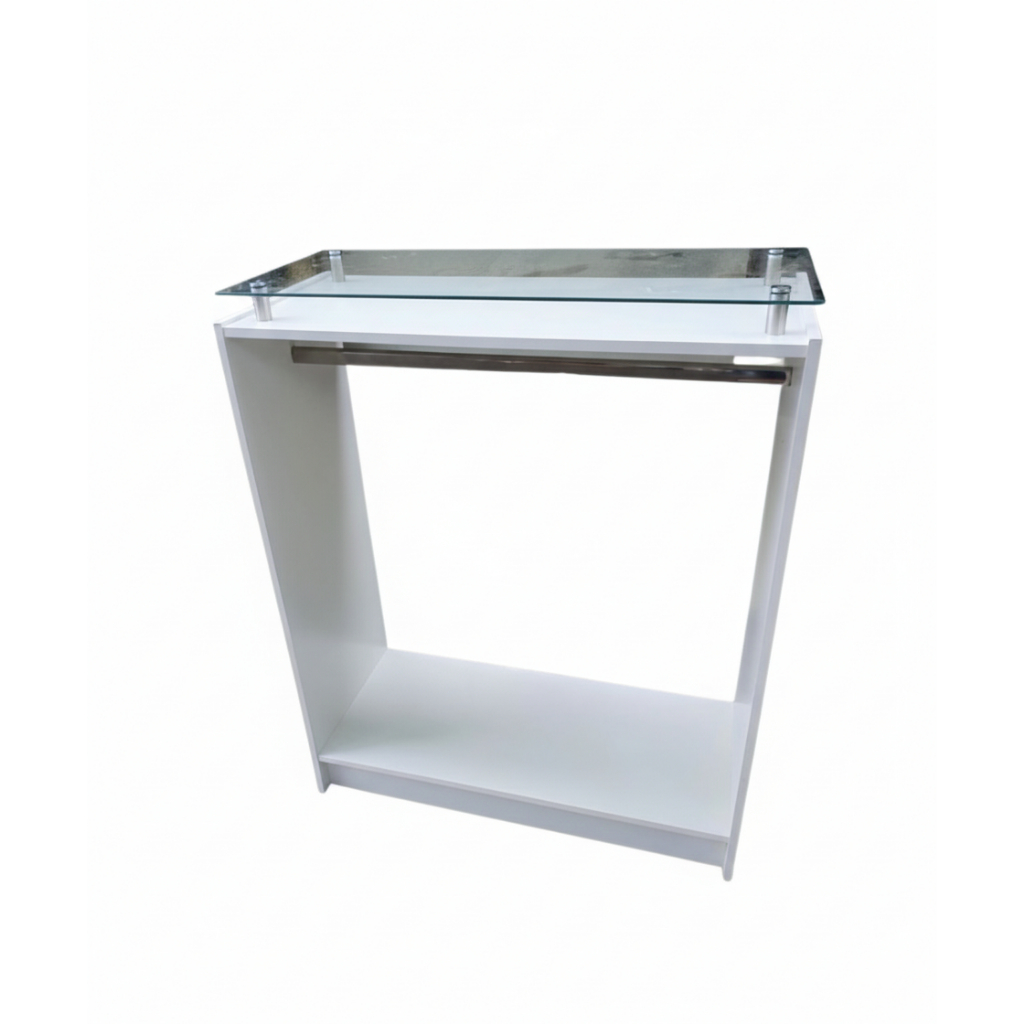 Balcão Expositor para Loja Arara Cabideiro com Vidro MDF Branco Preto Central Roupa Organizador