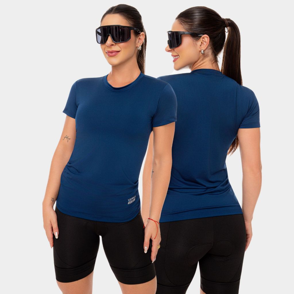 Camisa Camiseta Blusa Dry Fit Feminina Corrida Treino Esporte Academia Exercício Físico UV Manga Curta Azul Marinho