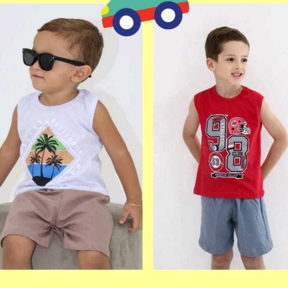 Conjunto infantil masculino camisa regata bermuda lisa moletinho com personagens