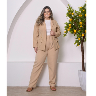 Conjunto Alfaiataria Plus Size GG ao G3 Feminino Casaco + Calça Social Com Botão em Oferta na Shopee