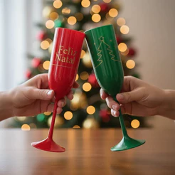 Kit 20 taças champanhe acrílica 190ml Natalinas FESTA NATAL silkadas personalizadas FIM DE ANO