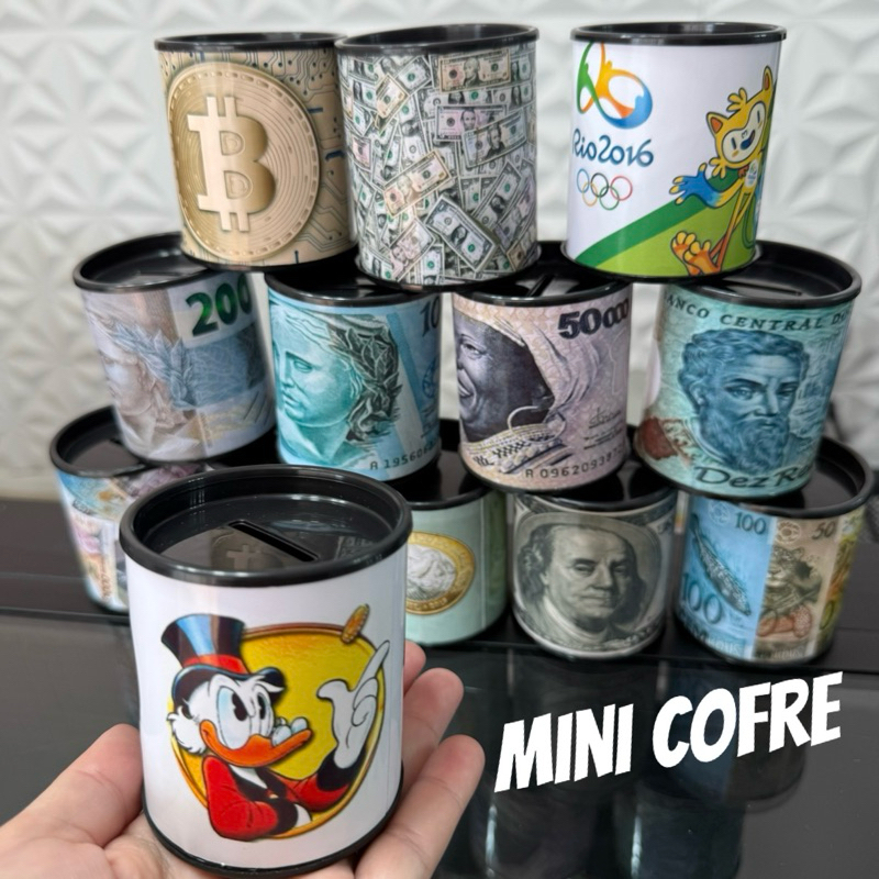 Mini Cofre tema de dinheiro antigo e moedas do real e Olimpíadas