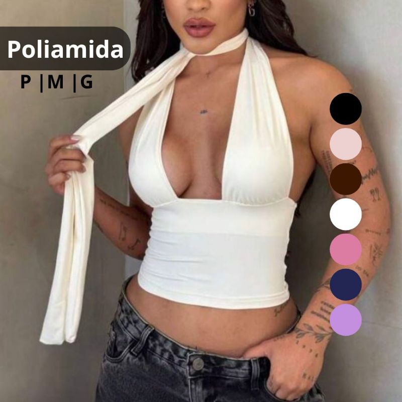 Blusas Cropped Poliamida Decote Amarração  Multi Formas Premium em Oferta na Shopee