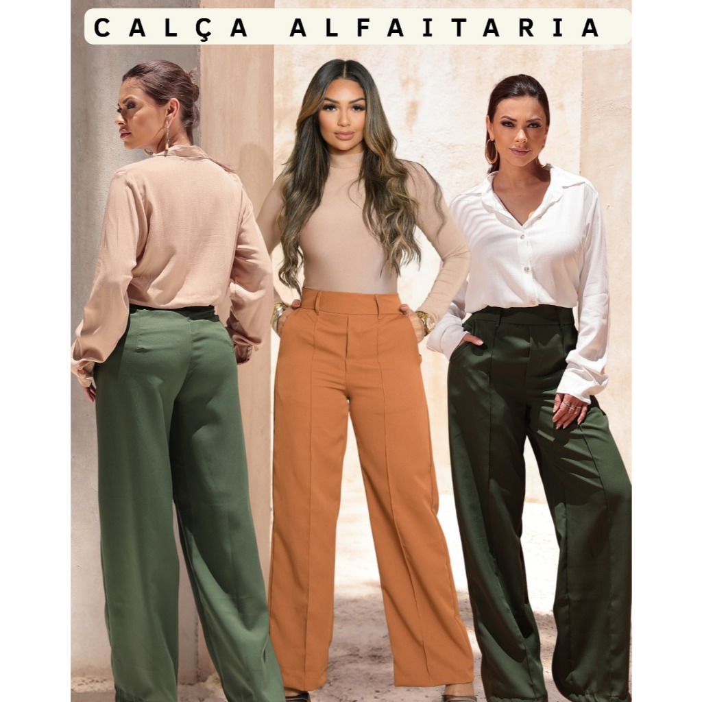 Calça Pantalona Feminina Alfaiataria Flare Bolso Faca fincionai Ziper Botão Pasantes na cintura Alta