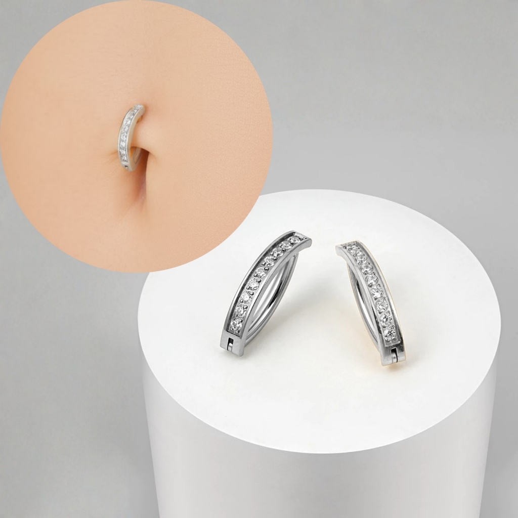 Piercing Meia Argola Umbigo Cravejado Titânio Hipoalergenico Prata Zircônia