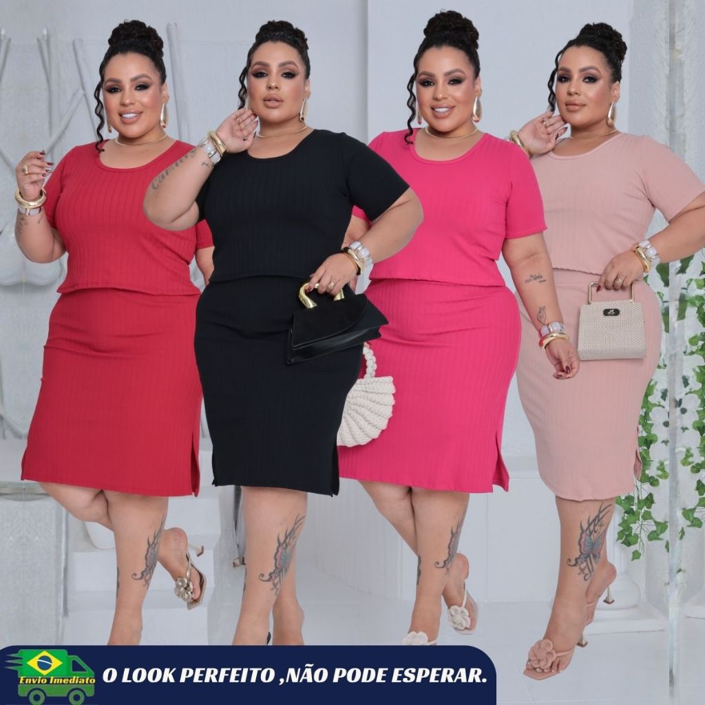 Conjunto Feminino Plus Size Canelado Power Saia Midi Fenda Laterais e Blusa Cropped Com Manguinhas