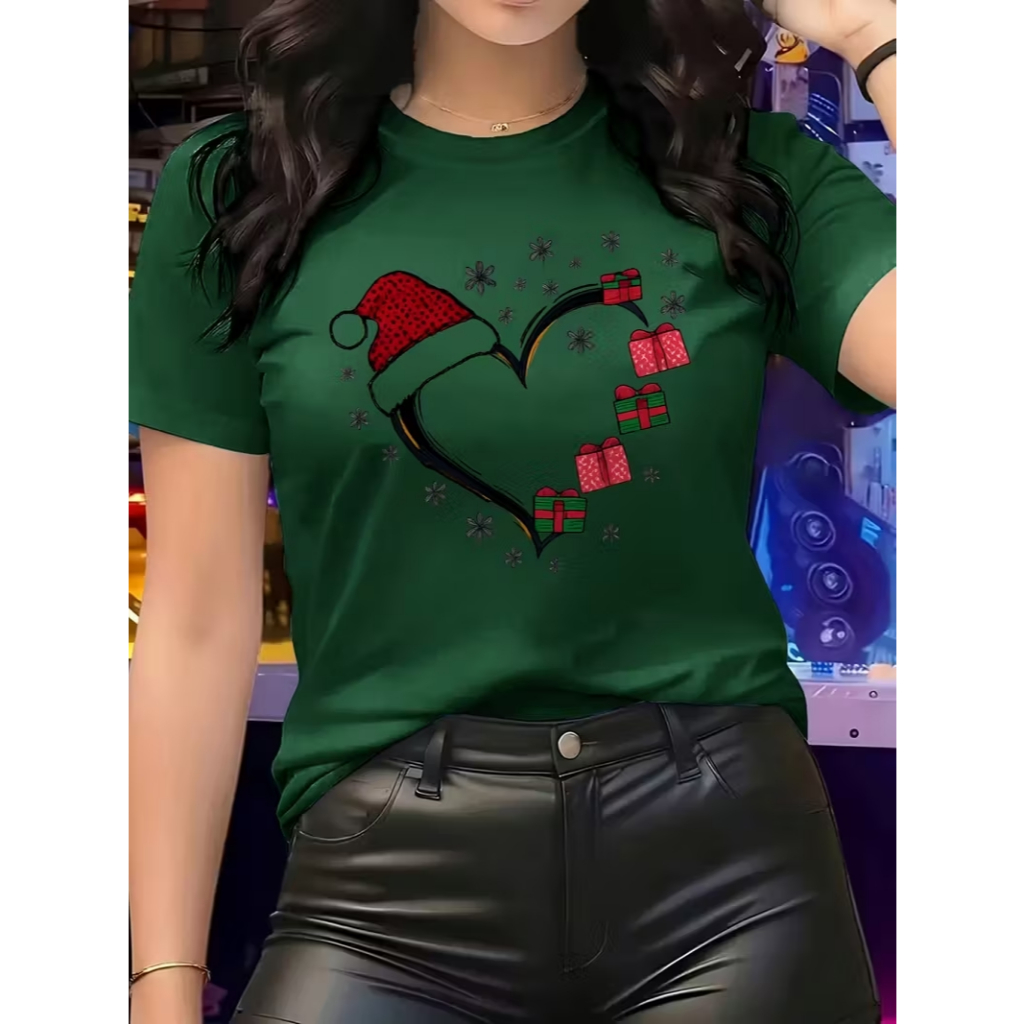 CAMISETA FEMINNA BLUSINHA BASICA ALGODÃO100% ESTILO NATALINO CORAÇÃO