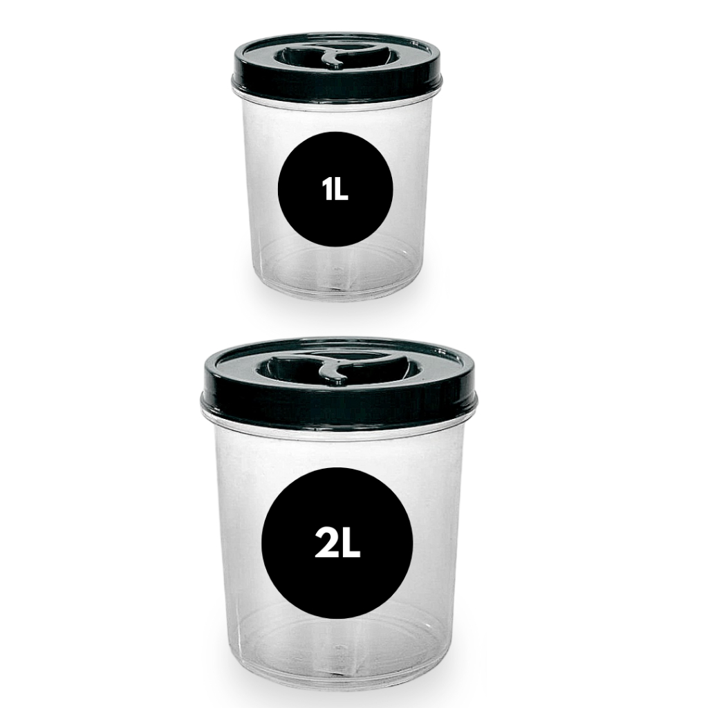 Kit 2 Pote Mantimento Tampa Rosca 1 de 2L + 1 de 1L Redondo Transparente Café Açúcar Cereal BPA FREE