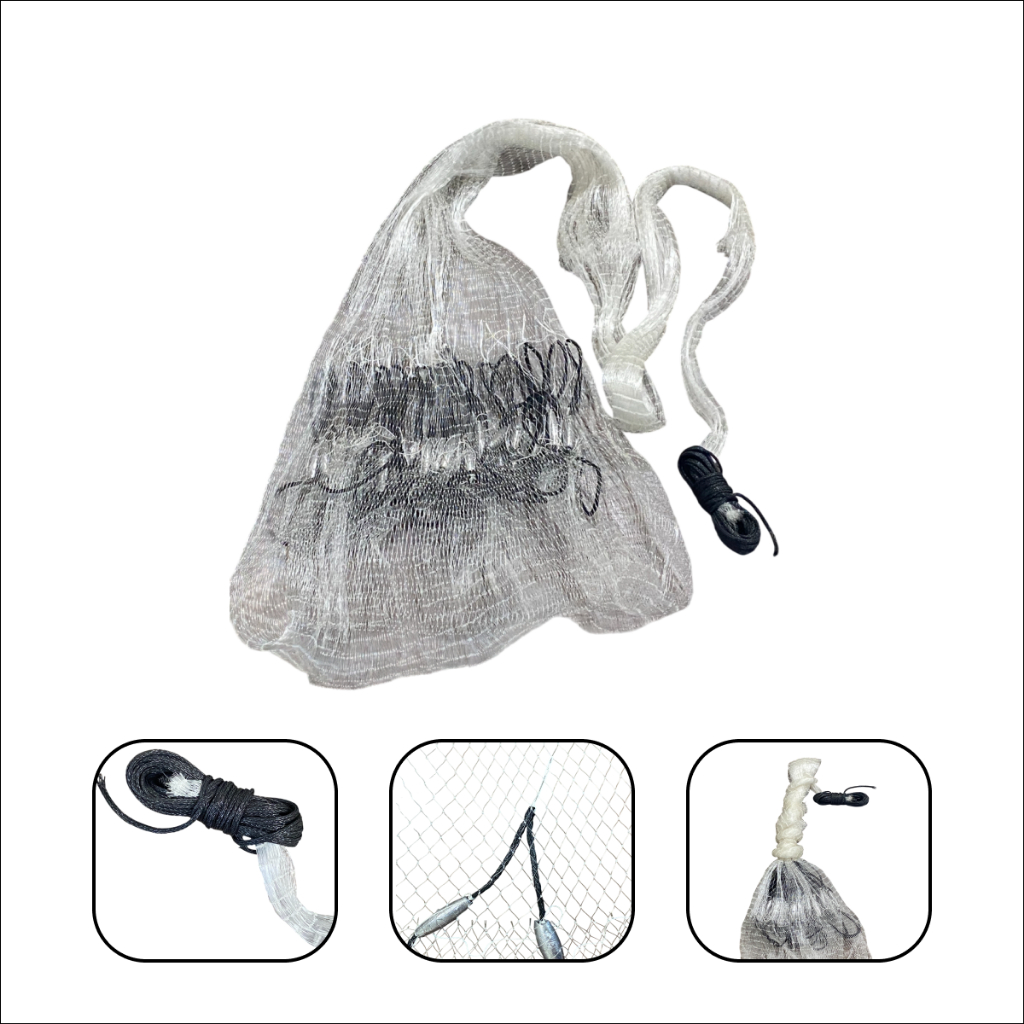 Tarrafa Média Semi-Artesanal de Fio 0,40 Malha 25mm Nylon Com Corda E Chumbo Pesca