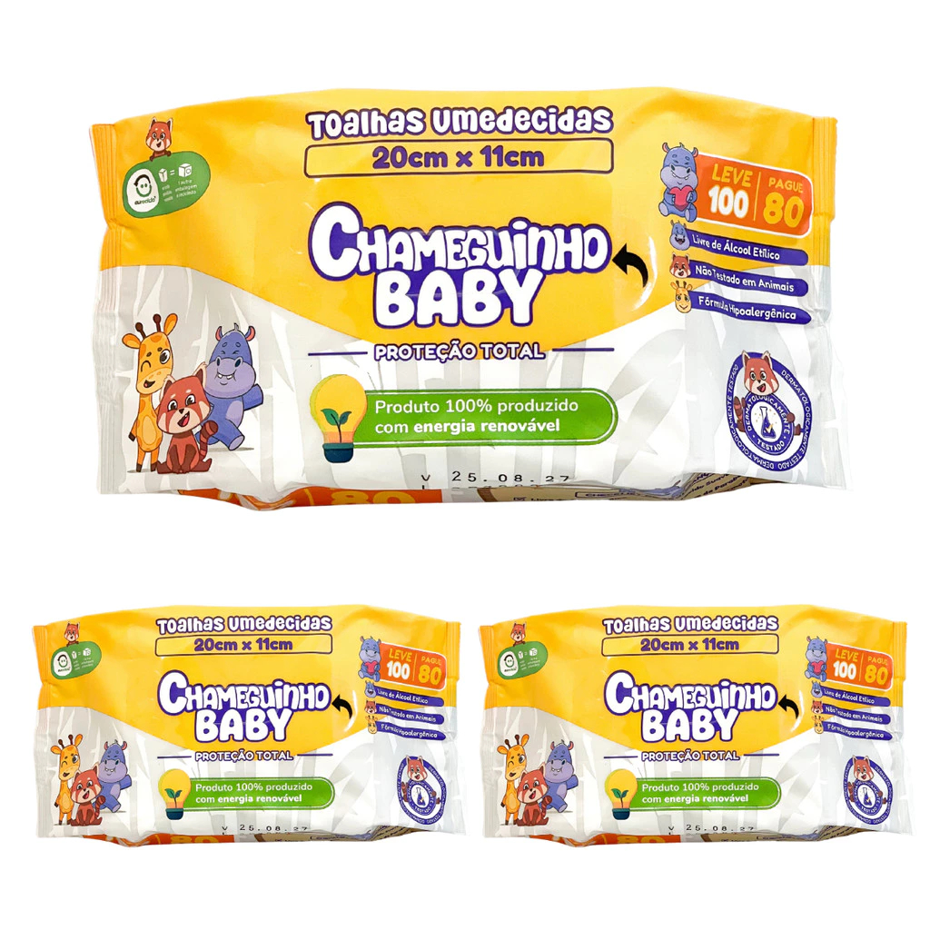 KIT 3 PACOTES CHAMEGUINHO BABY TOALHAS UMEDECIDAS LENÇO 100 FOLHAS