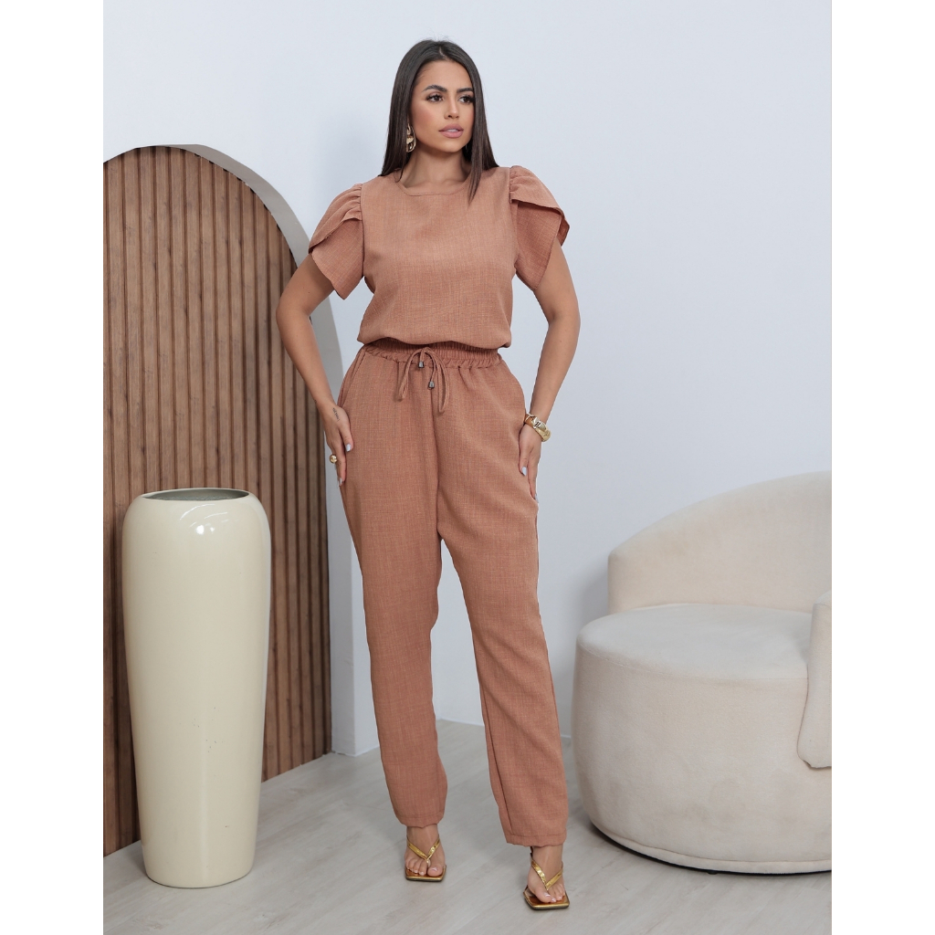 Conjunto Feminino Alfaiataria Blusa e Calça em Linho Social Trabalho Casual Elegante Sofisticado Uniforme