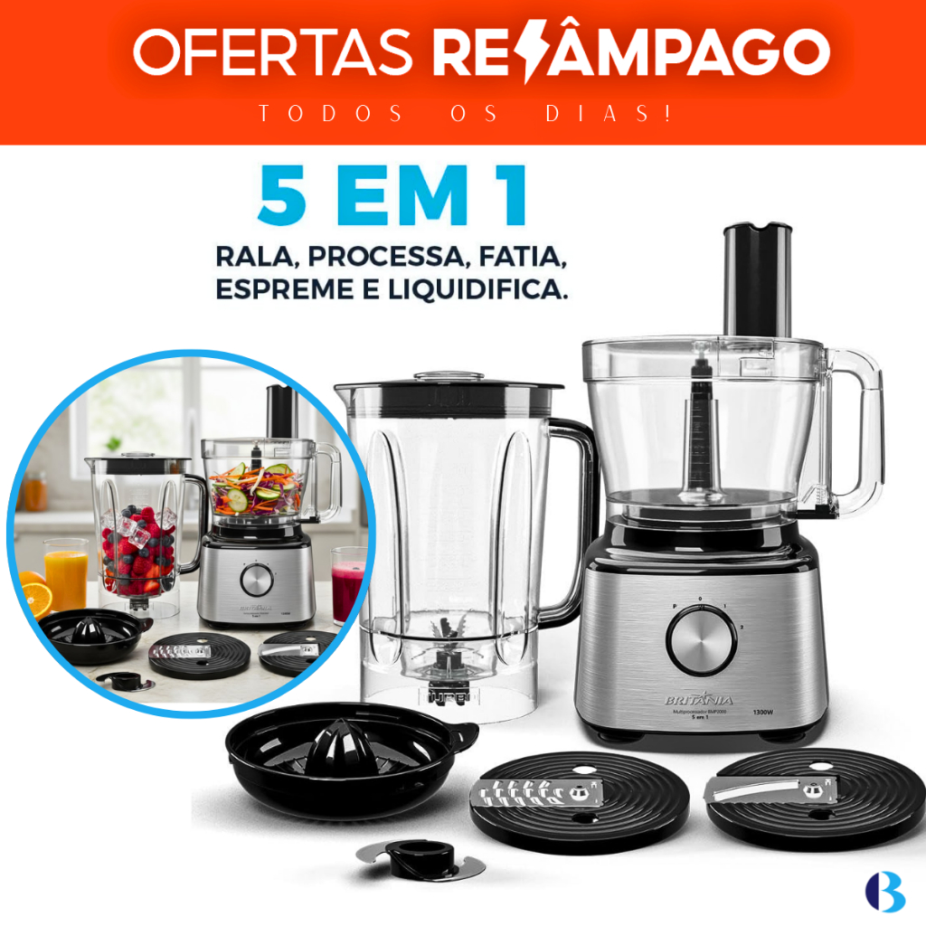 Multiprocessador Britânia BMP2000 1300W 5 em 1 - Pica, Tritura e Mistura com Potência e Praticidade! em Oferta na Shopee