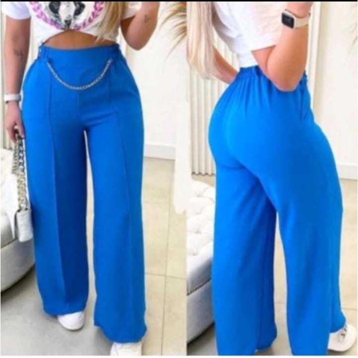 Calça Pantalona Duna Feminina Com Correntinha e Bolso Social e Soltinha Casual Elegante Do P Ao GG Com Corrente Prata