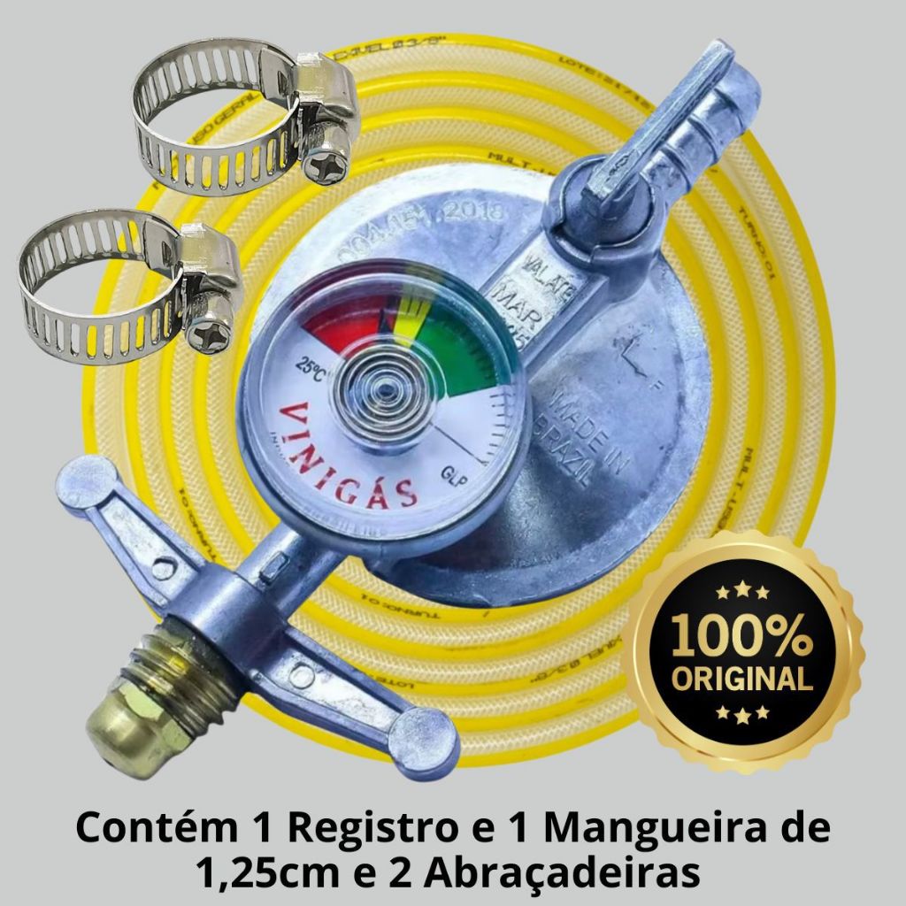 Kit Registro Regulador de Gás Manometro com Visor Mangueira e Abraçadeira em Oferta na Shopee