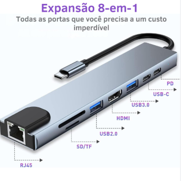 Hub Adaptador USB-C 8 em 1 – Expansão Completa de Conectividade