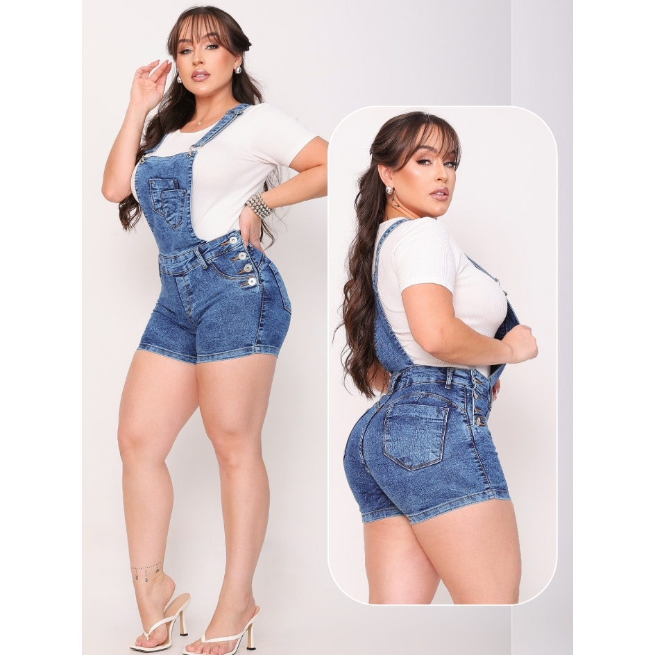 Jardineira Macaquinho Jeans Feminina Curta Alta Qualidade