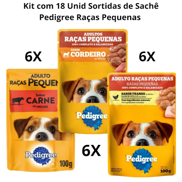 Kit 18 Sachês Pedigree Adulto Raças Pequenas Sortidos Carne Cordeiro e Frango 100g cada