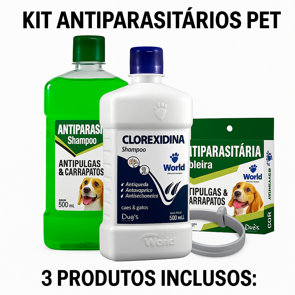 Kit Shampo Clorexidina 500Ml + Shampoo Anti Pulga 500Ml + Coleira Antipulgas e Carrapatos em Oferta na Shopee