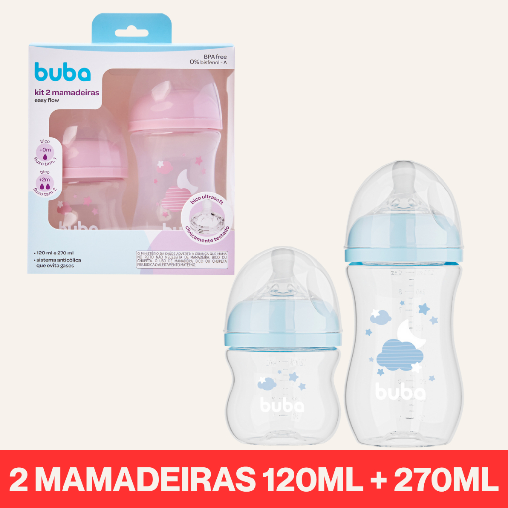 Kit Mamadeira Buba Easy Flow 120ML + 270ML Anticólica Bico Silicone Pétala em Oferta na Shopee