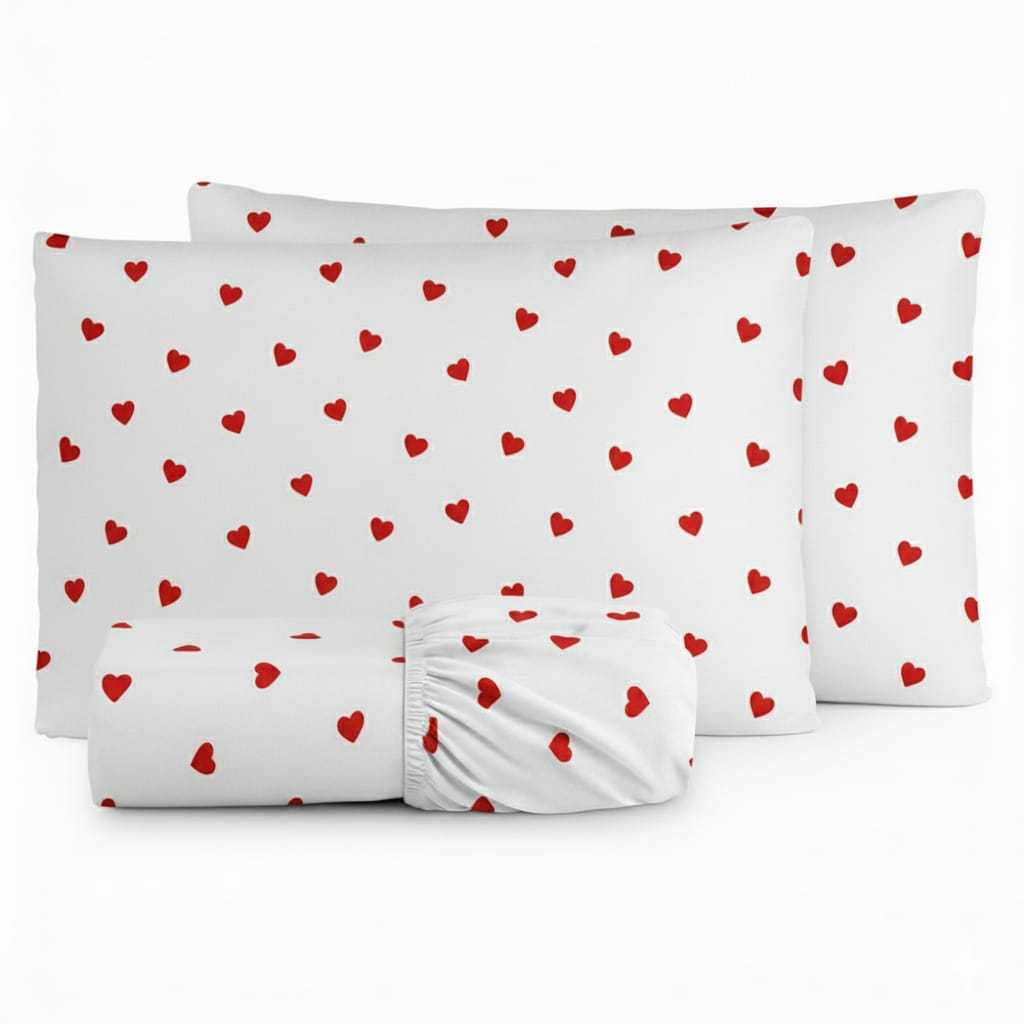 Jogo De Cama Estampa Coração Macio Algodão 180 Fios C/ Elástico Toda Volta em Oferta na Shopee