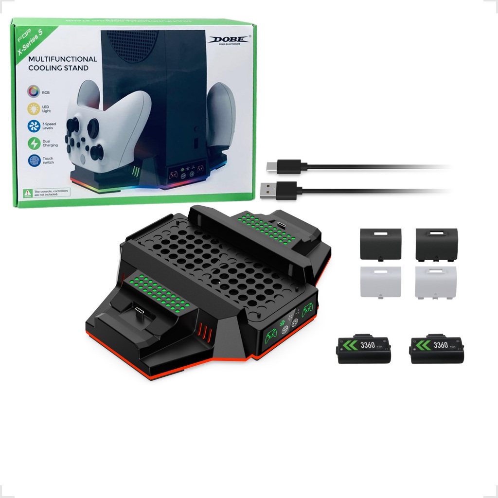 Suporte Cooler Carregador Dual Led luz RGB Baterias Recarregáveis Xbox One Series S/X PRETO