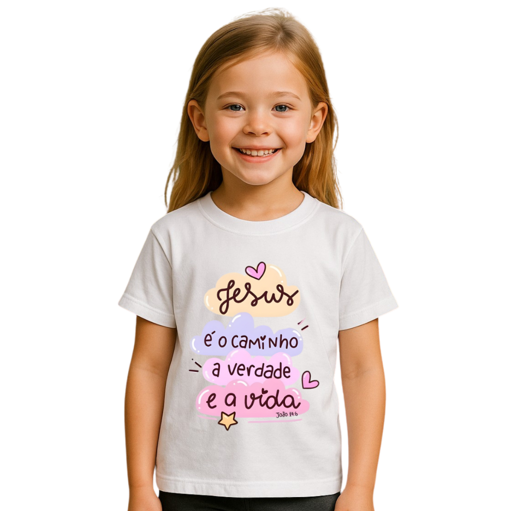 Camiseta Infantil Feminina Jesus é o Caminho – 100% Algodão Premium | Fé e Conforto | em Oferta na Shopee