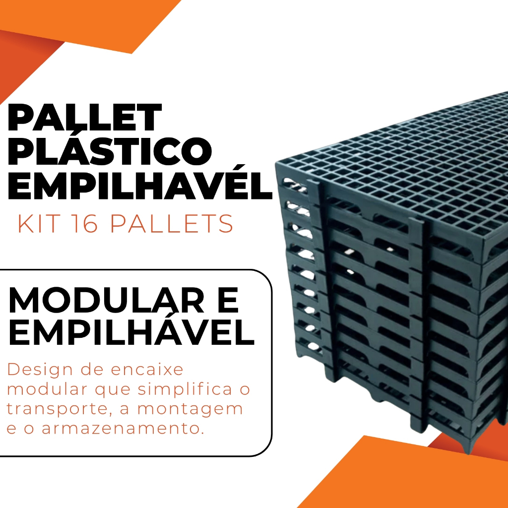 Kit 16 Peças Palete Estrado Piso Plástico Preto 2,5x25x50 Cm