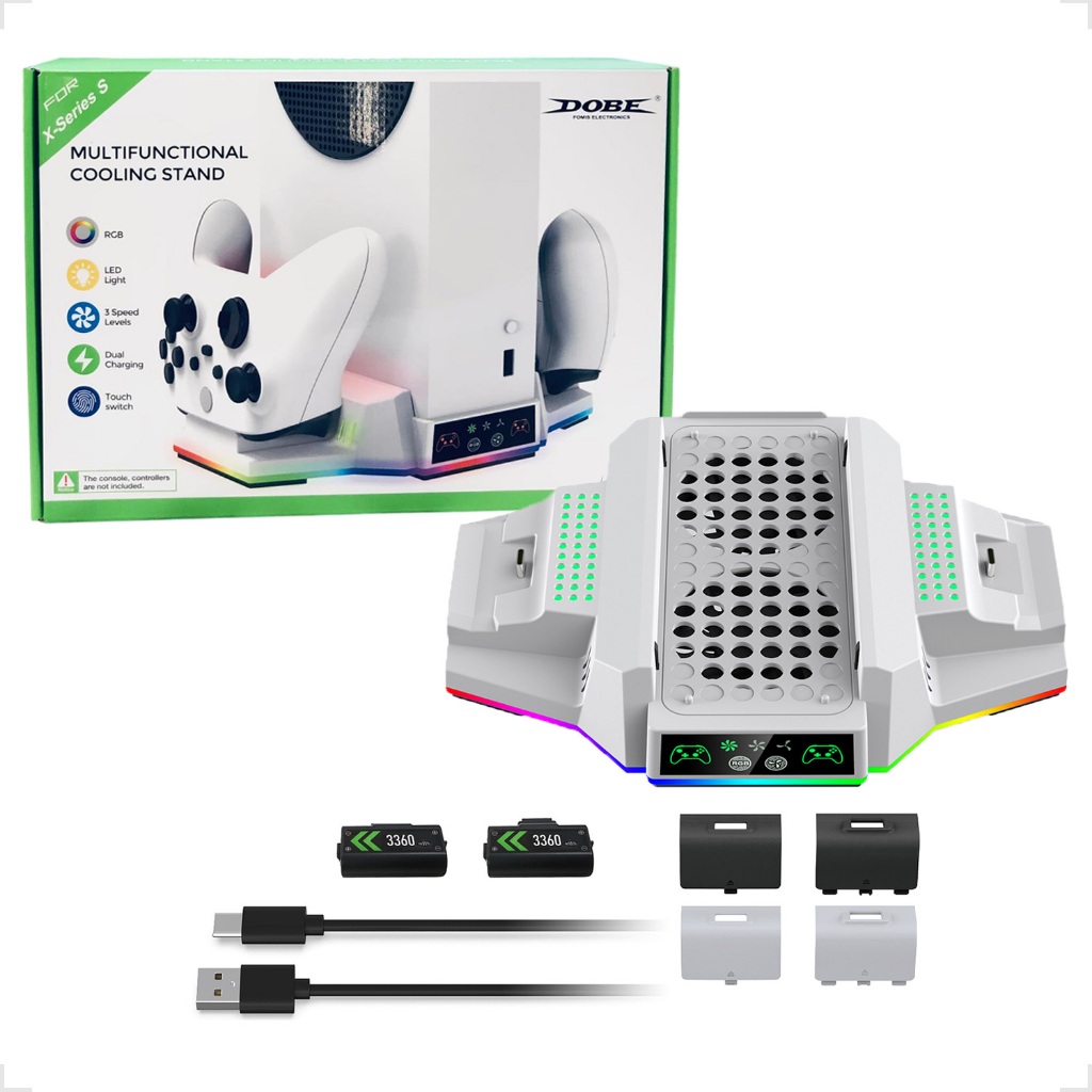 Suporte Cooler Carregador Dual Led luz RGB Baterias Recarregáveis Xbox One Series S/X BRANCO