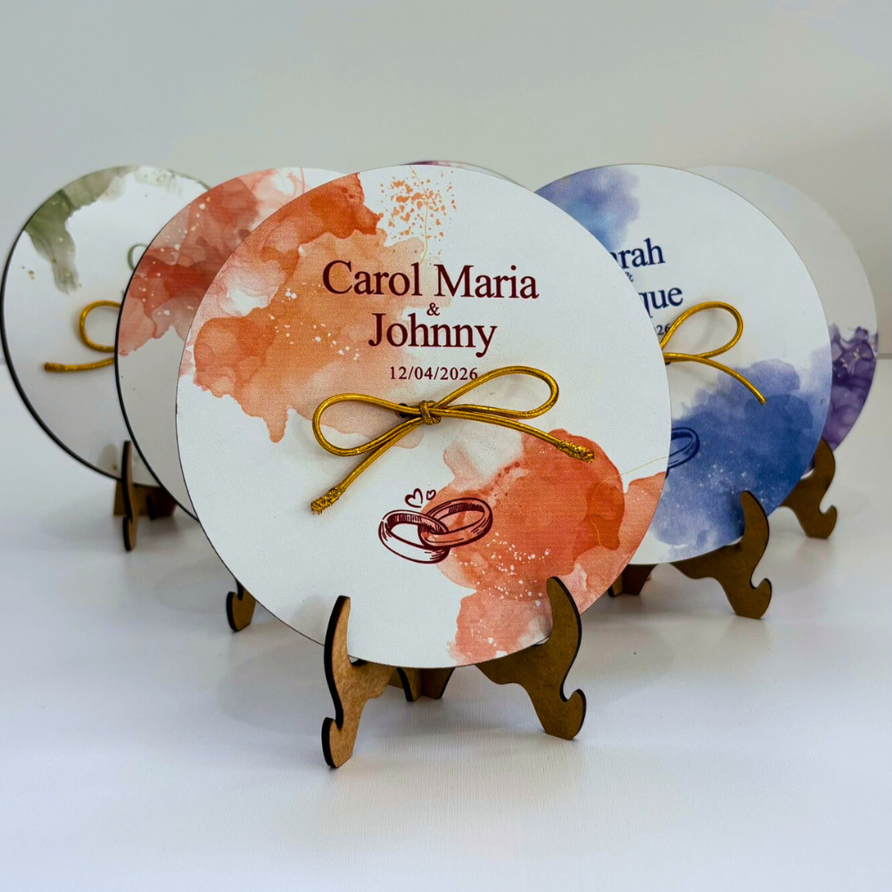 Porta Aliança Personalizado Nomes Casamento Tema Aquarela com Suporte