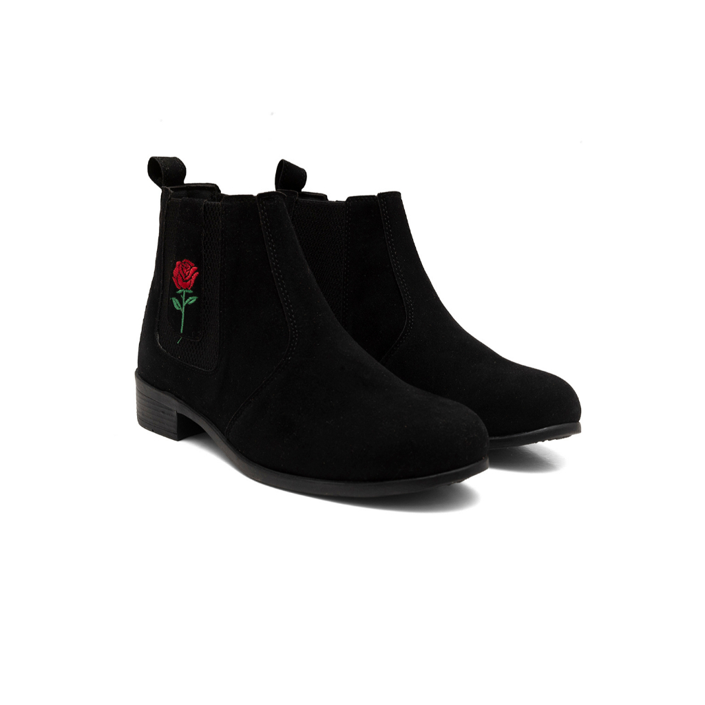 Botina Chelsea Feminina Country Cano Curto Com Bordado De Rosa Elegante em Oferta na Shopee