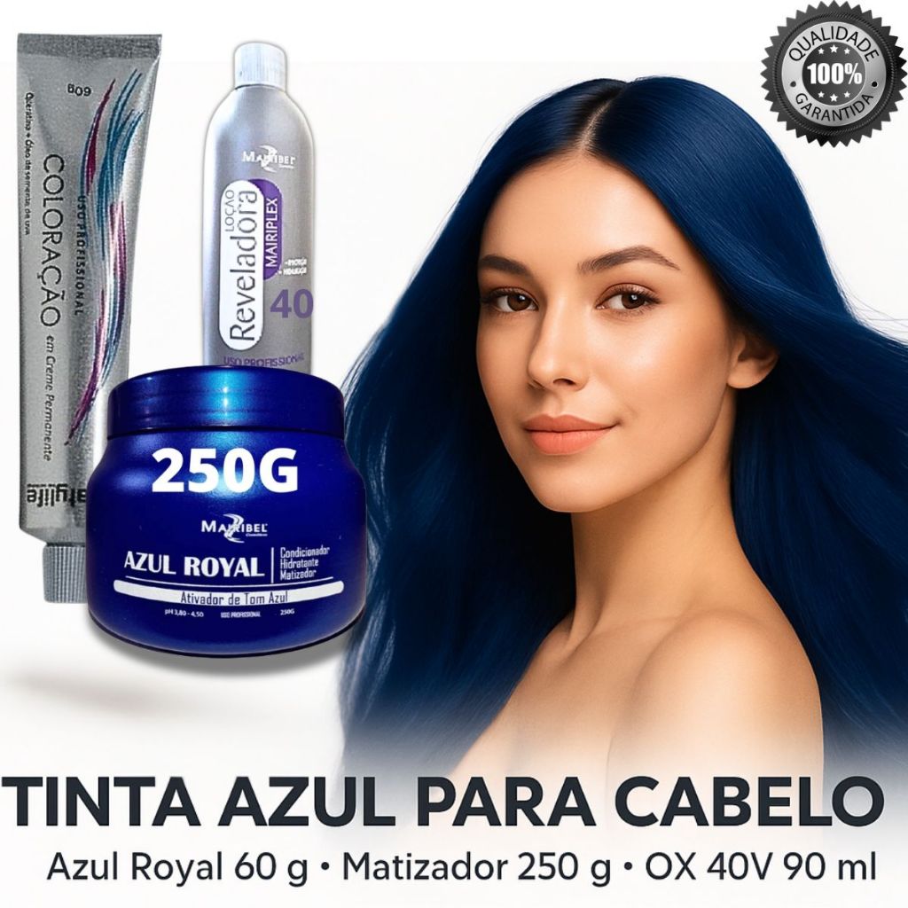 Tinta Azul Para Cabelo – Azul Royal 60 g com Matizador 250 g + Ox 40v 90 ml | Compre Agora