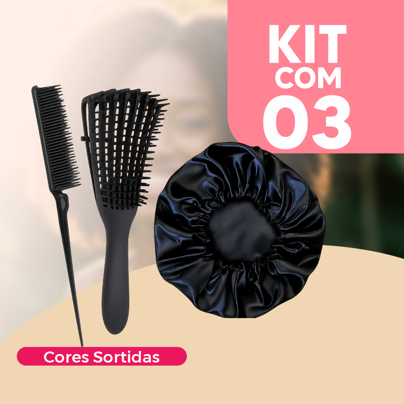 Kit Day After Cabelos Cacheado Escova Polvo, Pente 3 Fileiras e Touca Cetim Antifrizz Cores Sortidas