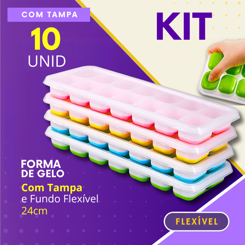 Formas de Gelo Kit 10, 6, 5 ou 3 Peças Fundo Flexível de Silicone Colorida Com Tampa Higiênica Forminha